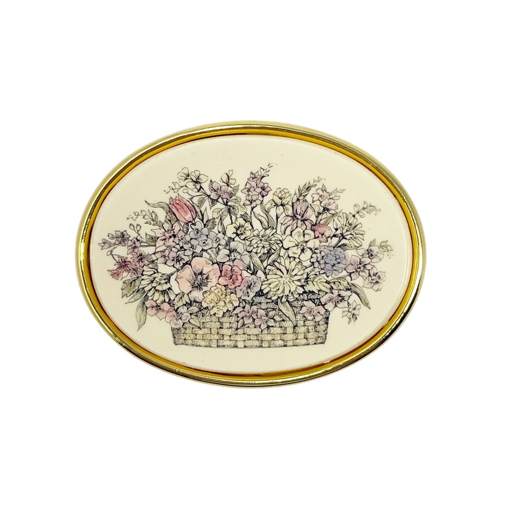 Vintage Gold Tone Oval Floral Basket Brooch Cream Scrimshaw Style Barlow Cottage